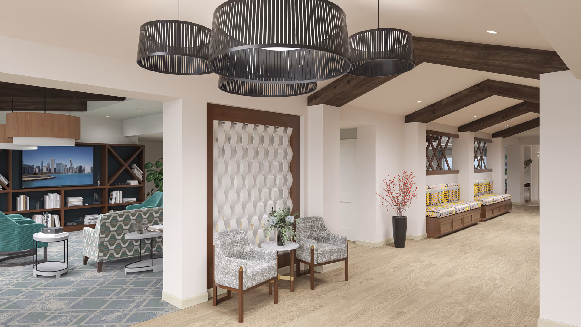 Modern senior living lounge with seating areas, decorative pendant lights, wood-beamed ceiling accents, and built-in bench seating along a corridor.
