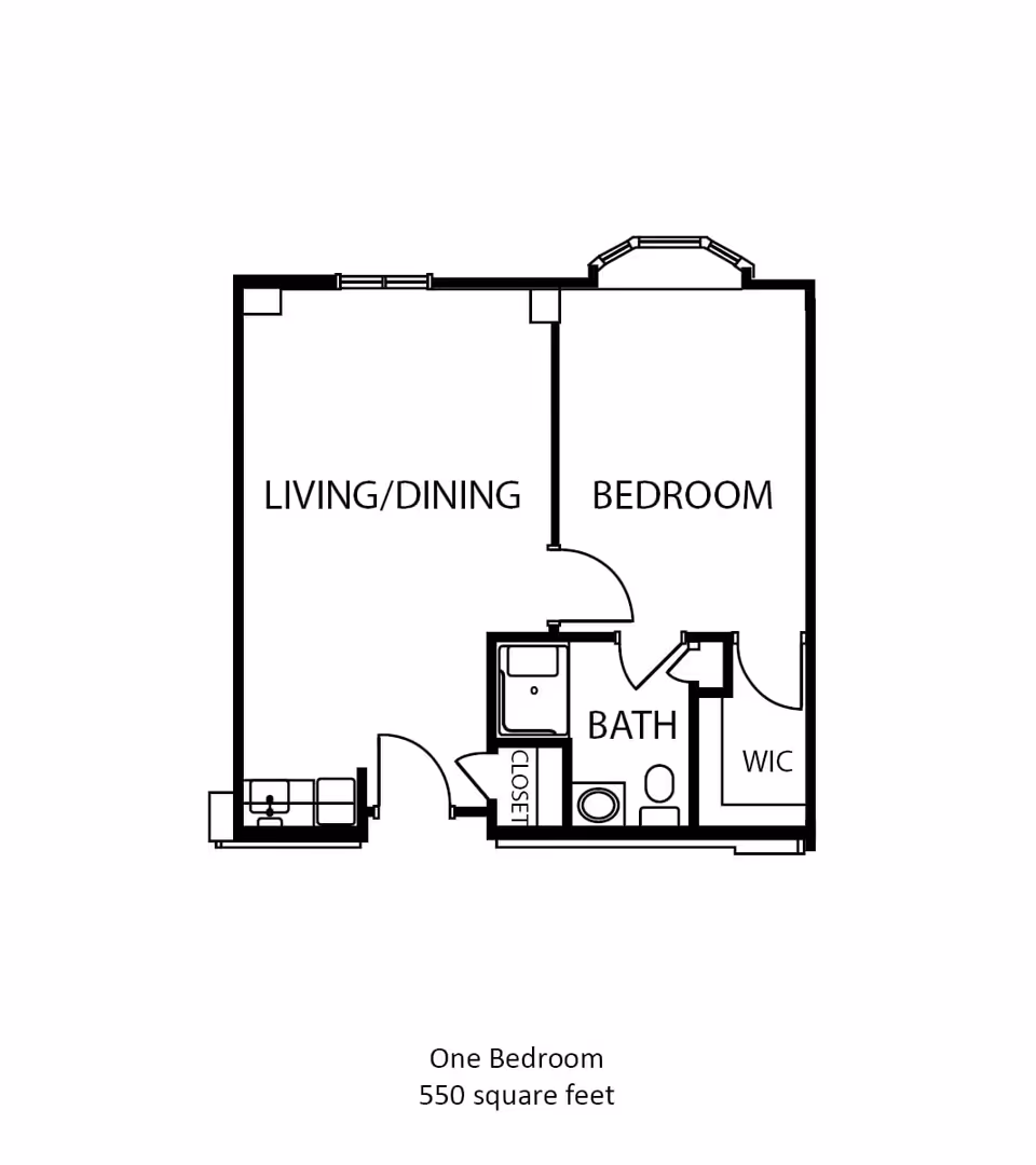 Floor plan of a one-bedroom apartment with 550 square feet, showing a living/dining area, bedroom, bathroom, closet, and walk-in closet (WIC).