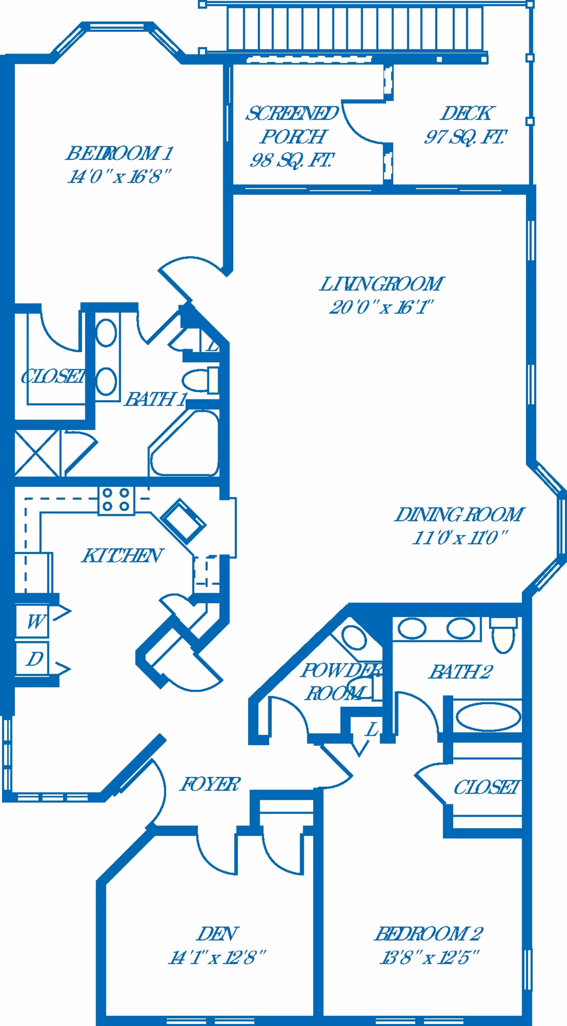 Blueprint-style floor plan of a two-bedroom apartment with living room, dining room, kitchen, den, two bathrooms, screened porch and deck.