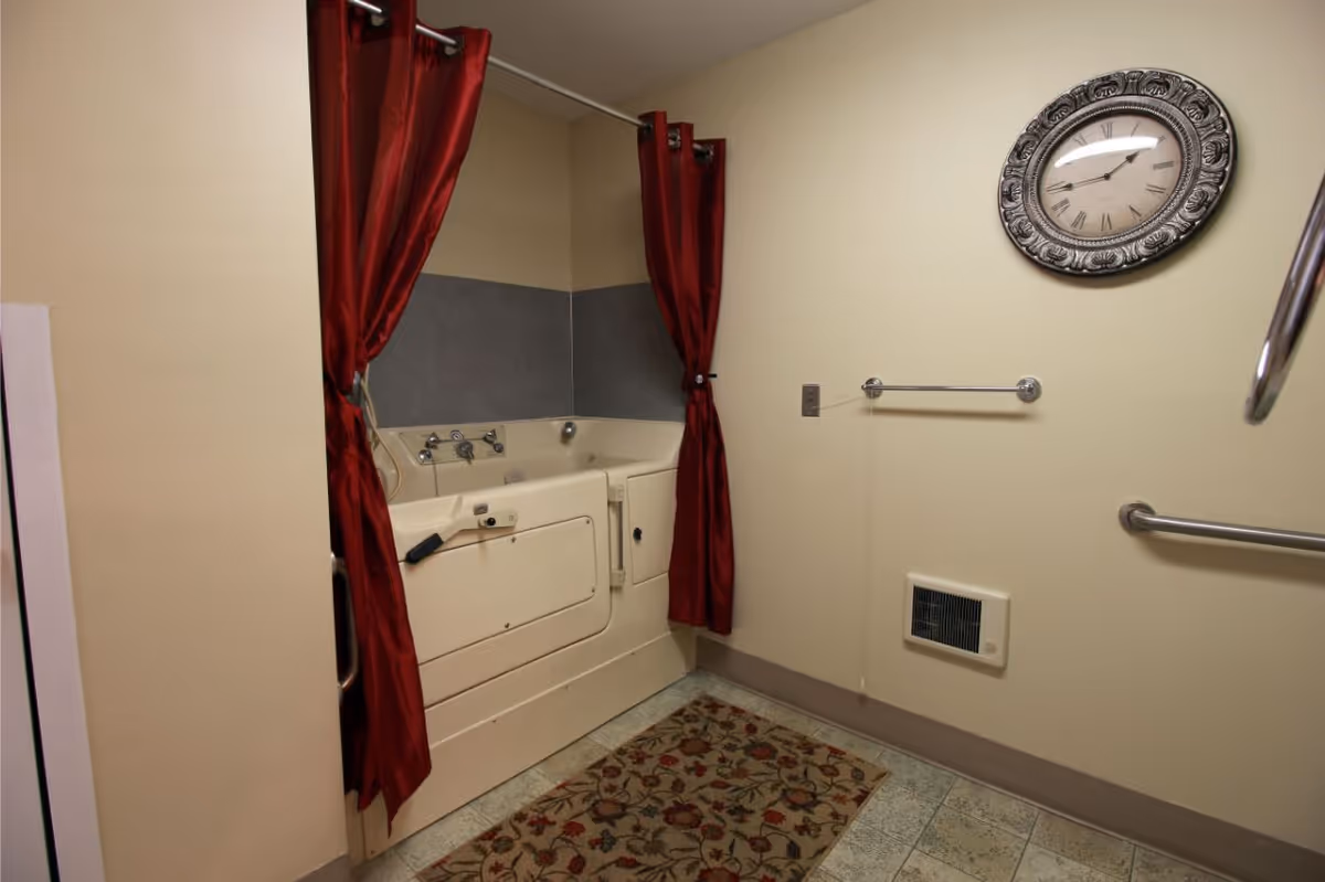 Accessible walk-in bathtub with red privacy curtains, grab bars, wall clock and a patterned rug in a bathroom.