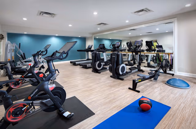 Well-lit fitness room with stationary bikes, treadmills, a rowing machine, exercise mat and medicine ball in front of a large wall mirror.