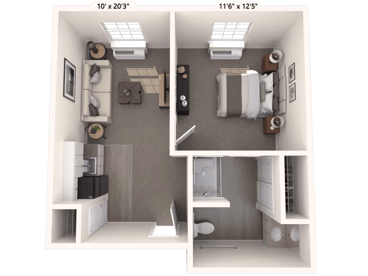 3D floor plan of a one-bedroom apartment showing a living room with a sofa, coffee table, and TV, a kitchen area with cabinets and appliances, a bedroom with a bed and nightstands, and a bathroom with a shower, toilet, and double sink vanity.