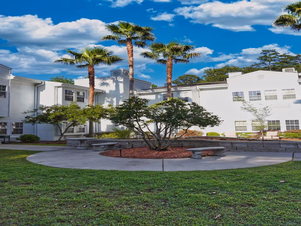 Outdoor courtyard area of Sodalis Tallahassee Assisted Living featuring a circular concrete walkway surrounding a landscaped area with bushes and palm trees, white multi-story buildings in the background under a partly cloudy blue sky.
