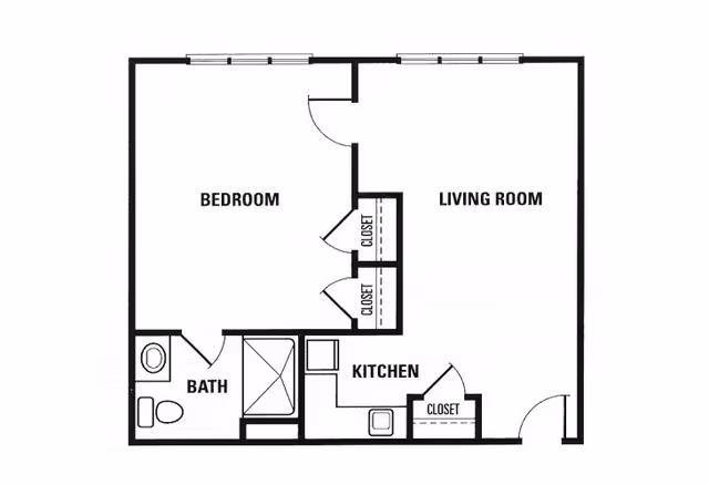Black and white architectural floor plan of a senior living apartment showing a bedroom, living room, kitchen, bathroom, and multiple closets.