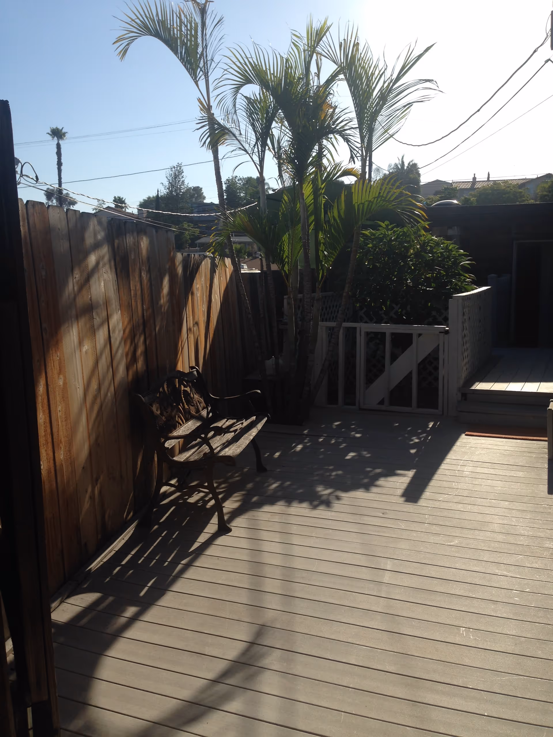 Sunlit outdoor deck with a bench, wooden fence, and palm trees casting shadows.