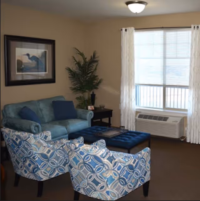 Living room with a teal sofa, two patterned armchairs, a tufted ottoman, side table with a plant, and a large window with curtains.