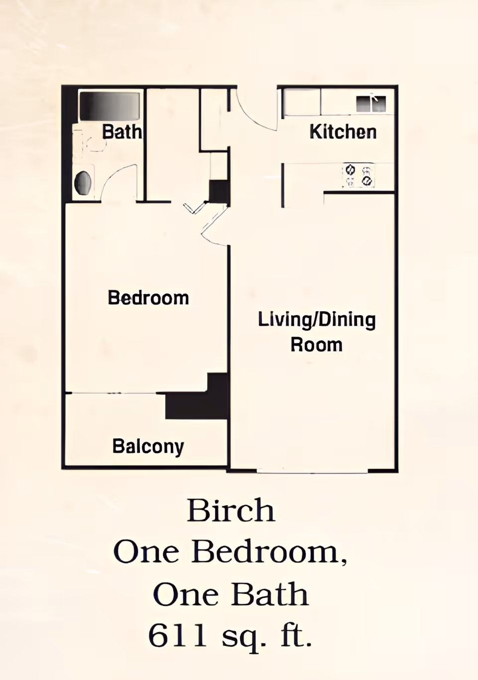 Floor plan of a one-bedroom, one-bath apartment named Birch at Hammond Glen Retirement Community, showing a bedroom, bathroom, kitchen, living/dining room, and balcony, totaling 611 square feet.