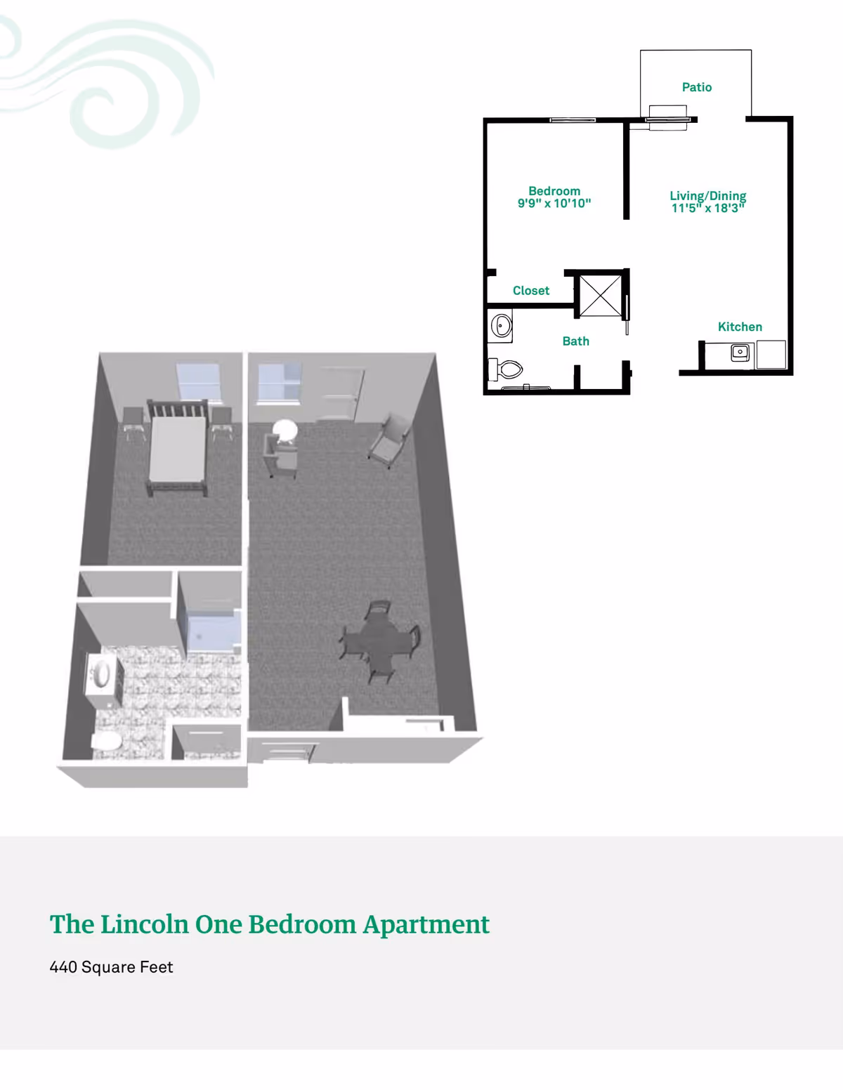 3D floor plan and 2D layout of The Lincoln One Bedroom Apartment at Rosegate Commons, showing a bedroom, bathroom, kitchen, living/dining area, closet, and patio. The apartment is 440 square feet.