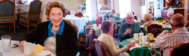 Two images side by side showing elderly residents at Riverside Senior Living. The left image features a smiling elderly woman sitting at a table with a cup and glass in front of her. The right image shows a group of elderly people seated around tables covered with green and white tablecloths, engaging in conversation and enjoying a meal in a dining room setting.