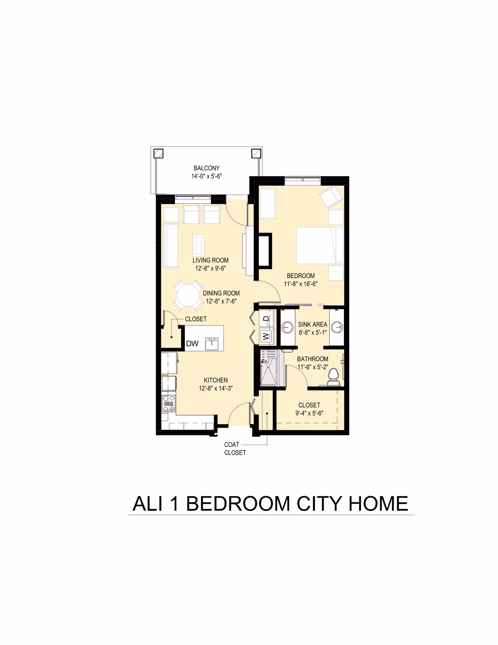 Floor plan of a one-bedroom city home showing a living room, dining area, kitchen, bedroom, bathroom, closets, and a balcony.