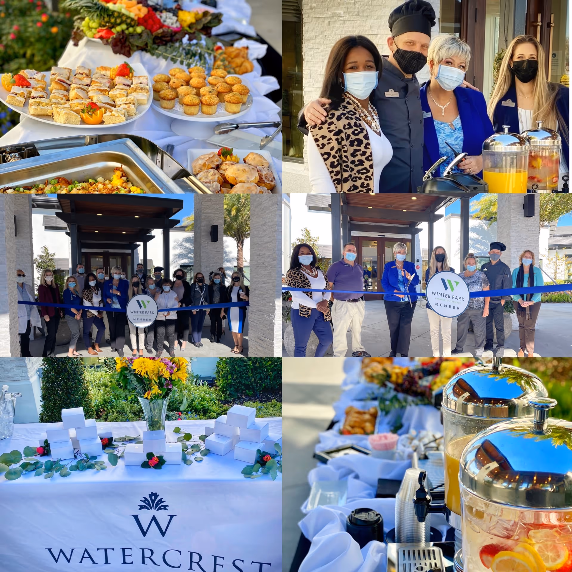 Collage showing a ribbon-cutting event at Watercrest Winter Park with masked staff and guests at the building entrance and a catered food spread.