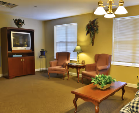 Common room with two upholstered armchairs beside a side table and lamp, a wooden coffee table with a plant, and a TV cabinet.