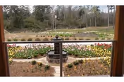View through a window of a landscaped garden with a circular fountain surrounded by flower beds and trees beyond.