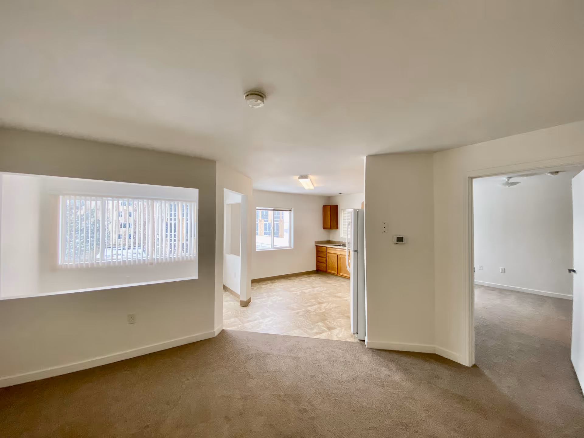 Open-plan apartment interior showing a carpeted living area with a pass-through window and vertical blinds, leading to a kitchen with wooden cabinets and a refrigerator and an adjacent bedroom.