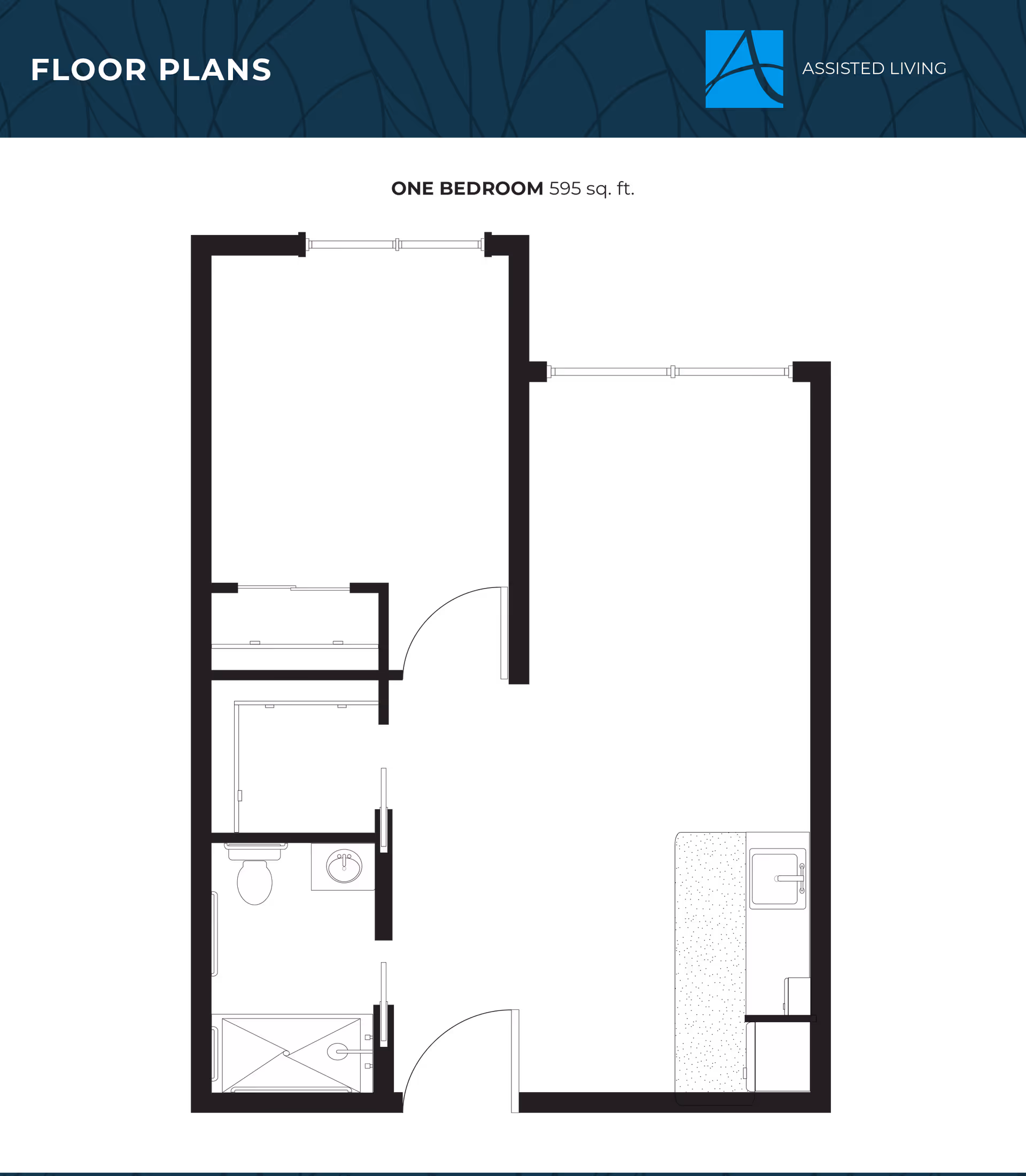 Black-and-white one-bedroom floor plan showing a bathroom, kitchen area, and main living space.