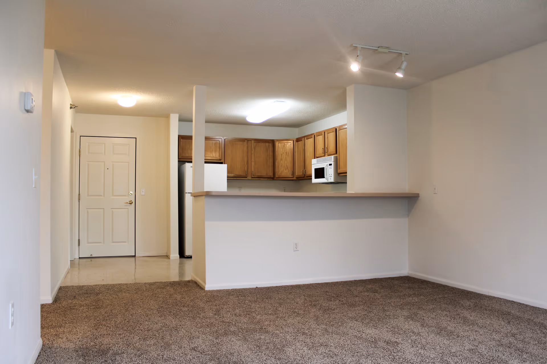 An empty apartment interior showing a carpeted living area with a view into a kitchen that has wooden cabinets, a white refrigerator, and a white microwave. The entrance door is visible to the left, and the walls are painted white.