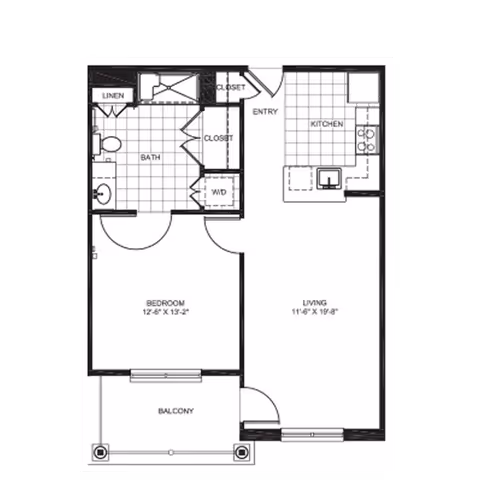 Architectural floor plan of a one-bedroom apartment at Harmony at Falls Run, showing a bedroom, bathroom, kitchen, living area, entry, closets, washer/dryer area, linen closet, and a balcony.