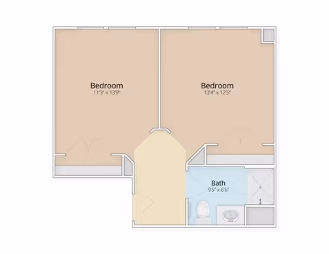 Floor plan of a small unit showing two bedrooms and a bathroom with room dimensions labeled.