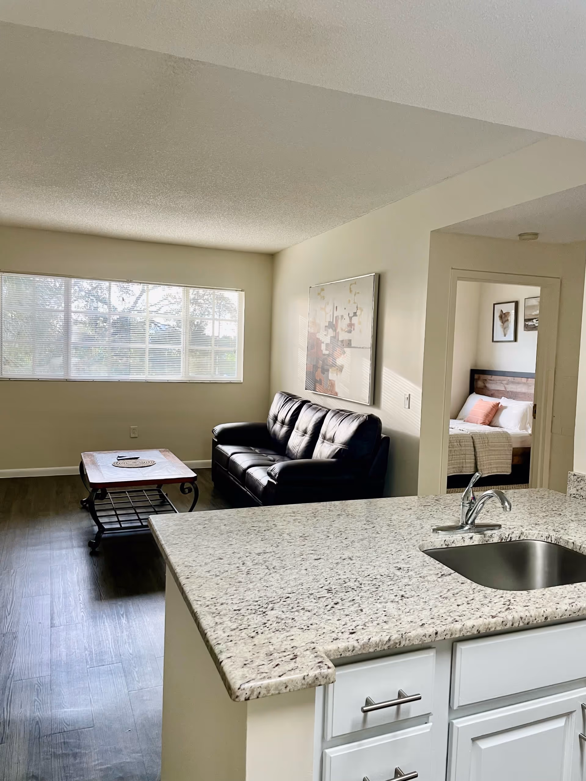 Interior view of a senior living facility showing a kitchen countertop with a sink in the foreground, a black leather couch and a coffee table in the living room area, and a bedroom with a bed and framed artwork visible through an open doorway.