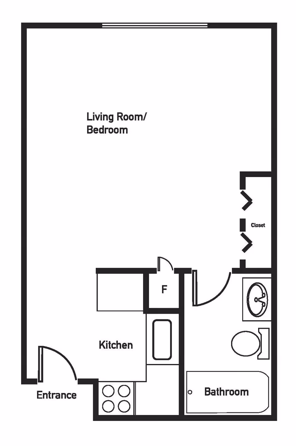 Floor plan of a studio apartment at Brookstone Estates of Harrisburg showing an entrance leading into a kitchen area with stove and refrigerator, a combined living room and bedroom space, a bathroom with a bathtub, toilet, and sink, and a closet near the bathroom.