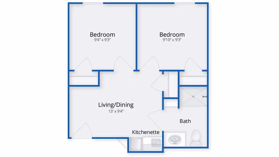 Floor plan of a living space at Benchmark at Billerica Crossings showing two bedrooms, a combined living and dining area, a kitchenette, and a bathroom. The bedrooms measure 9 feet 4 inches by 9 feet 3 inches and 9 feet 10 inches by 9 feet 3 inches respectively. The living/dining area measures 13 feet by 9 feet 4 inches. The bathroom includes a shower, sink, and toilet.