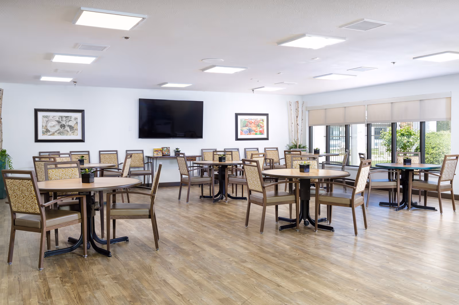 A bright and spacious dining room with multiple round tables and chairs arranged neatly. The room has large windows with blinds partially drawn, allowing natural light to fill the space. There is a flat-screen TV mounted on the wall, two framed pictures, and small potted plants on each table. The floor is wooden, and the ceiling has several recessed lights.