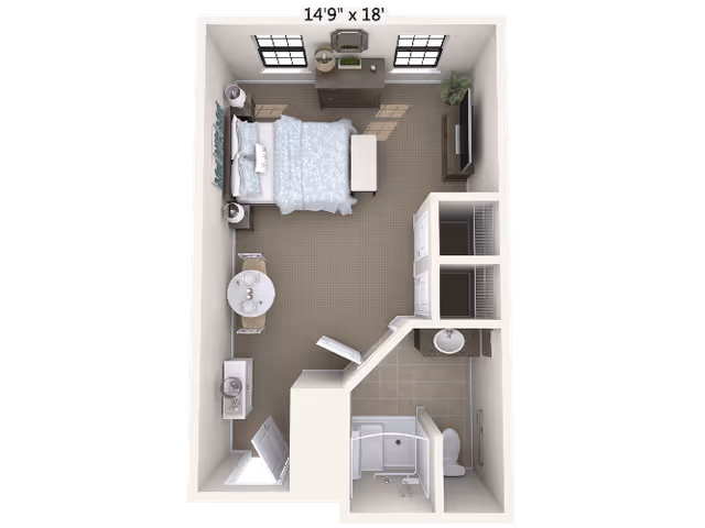 Top-down 3D floor plan of a studio apartment showing a bed, small dining area, kitchenette, closets, and a bathroom.