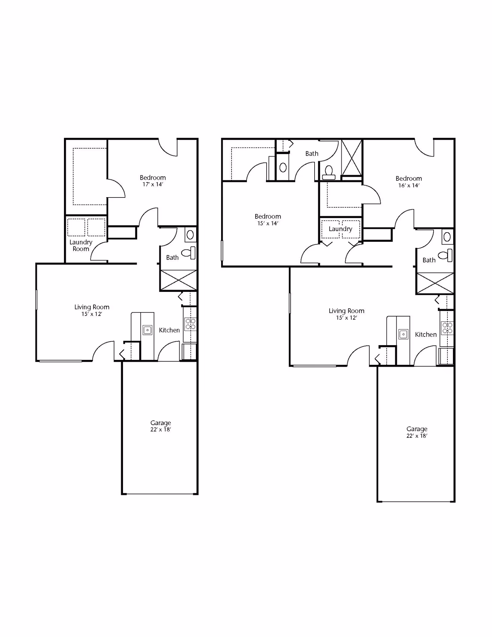 Architectural floor plan showing two layouts of residential units each with bedrooms, bathrooms, living rooms, kitchens, laundry rooms, and garages.