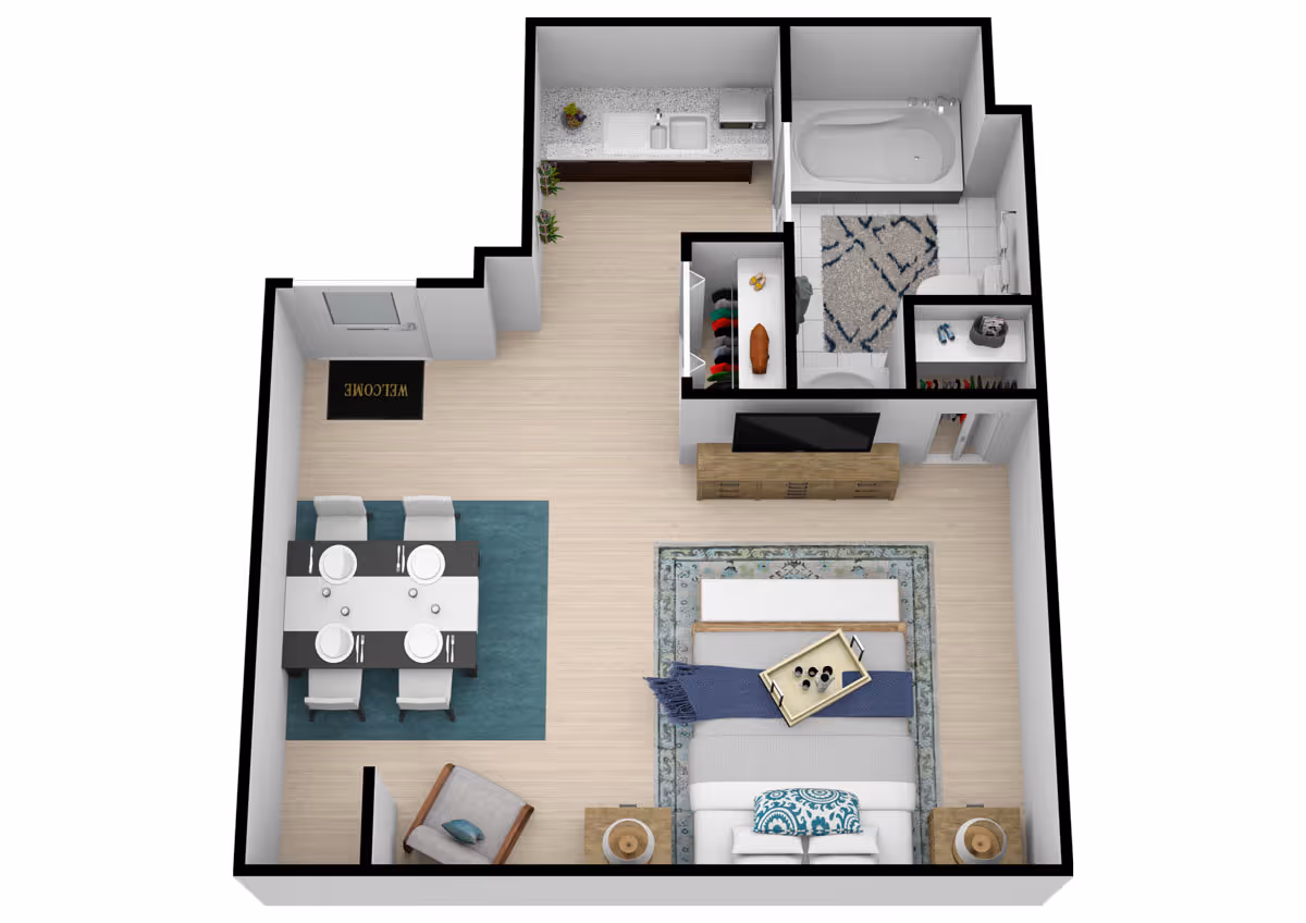 3D floor plan of a small apartment featuring a bedroom with a bed, two nightstands, and a TV on a stand. Adjacent to the bedroom is a dining area with a table set for four on a blue rug. The kitchen area includes a sink and countertop. There is a bathroom with a bathtub, toilet, and a small closet with hanging clothes.