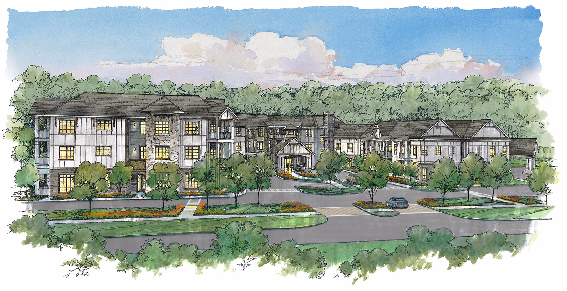 Illustration of a large, multi-story senior living facility surrounded by trees and greenery. The building has multiple windows with warm lighting, a central entrance with a covered porch, and landscaped grounds with trees and flower beds. The sky is blue with some clouds.