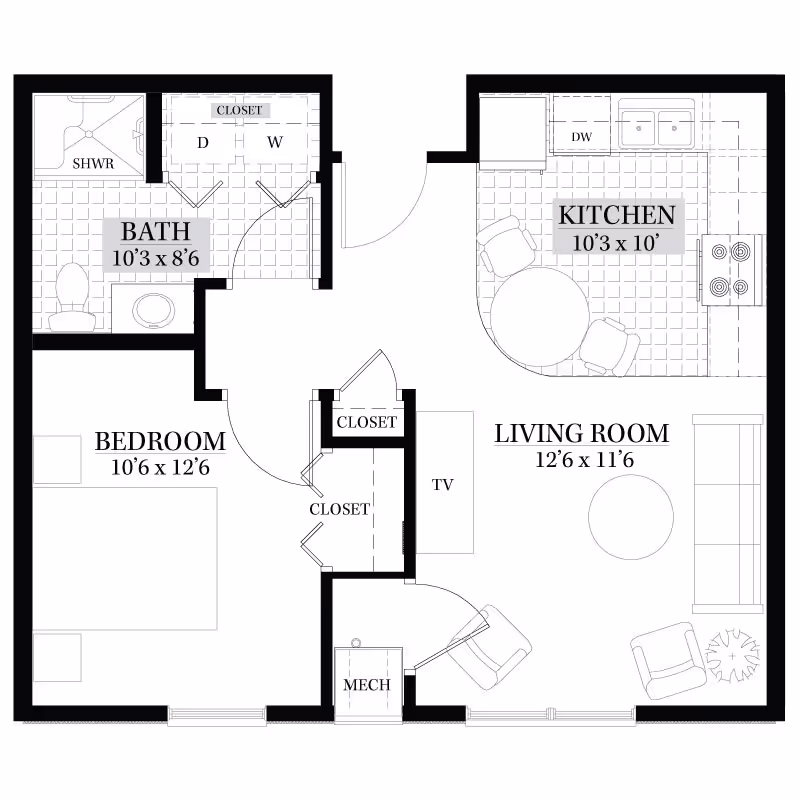 Floor plan of a one-bedroom apartment at Sherrill Hills Retirement Resort, showing a bedroom, bathroom with shower, kitchen, living room, closets, and mechanical room with dimensions.