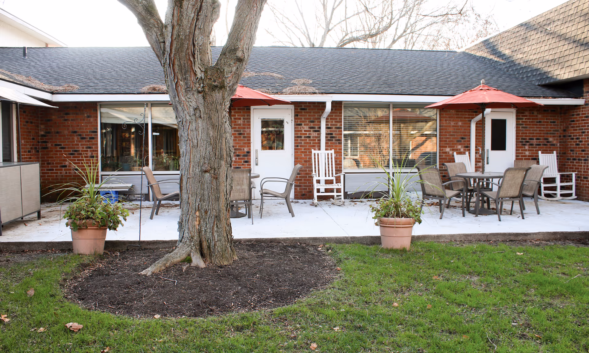 Outdoor patio area at Brookdale Liverpool featuring a large tree in the foreground, two potted plants on either side, multiple tables with chairs, white rocking chairs, and red umbrellas. The patio is adjacent to a brick building with large windows and white doors.