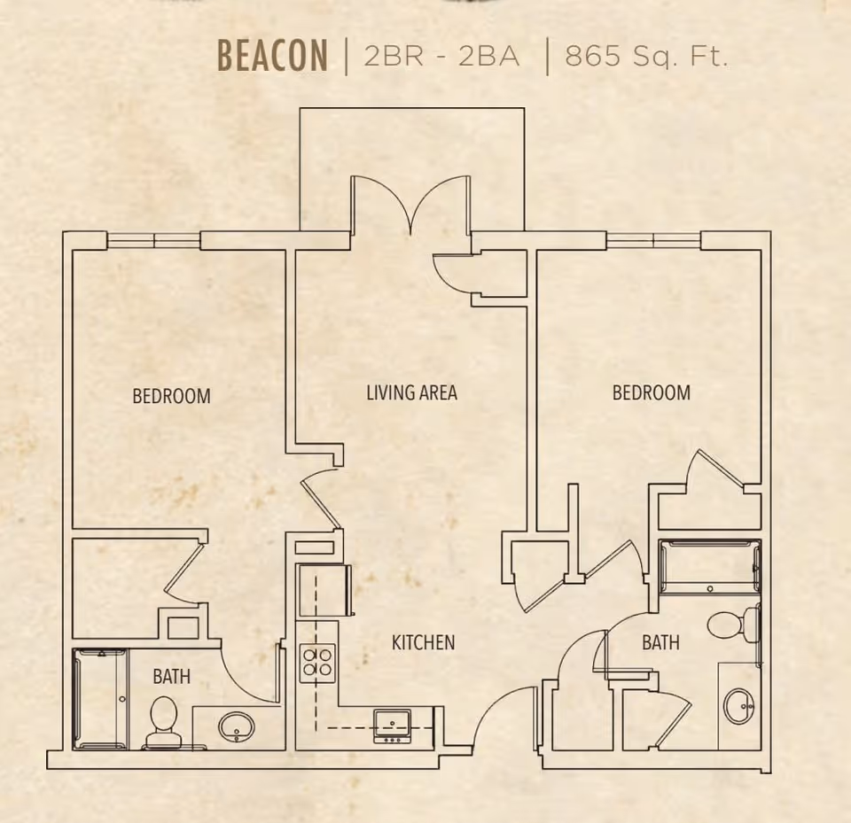 Floor plan of the Beacon unit at Seagrass Village of Fleming Island showing a 2 bedroom, 2 bathroom layout with a living area and kitchen, covering 865 square feet.