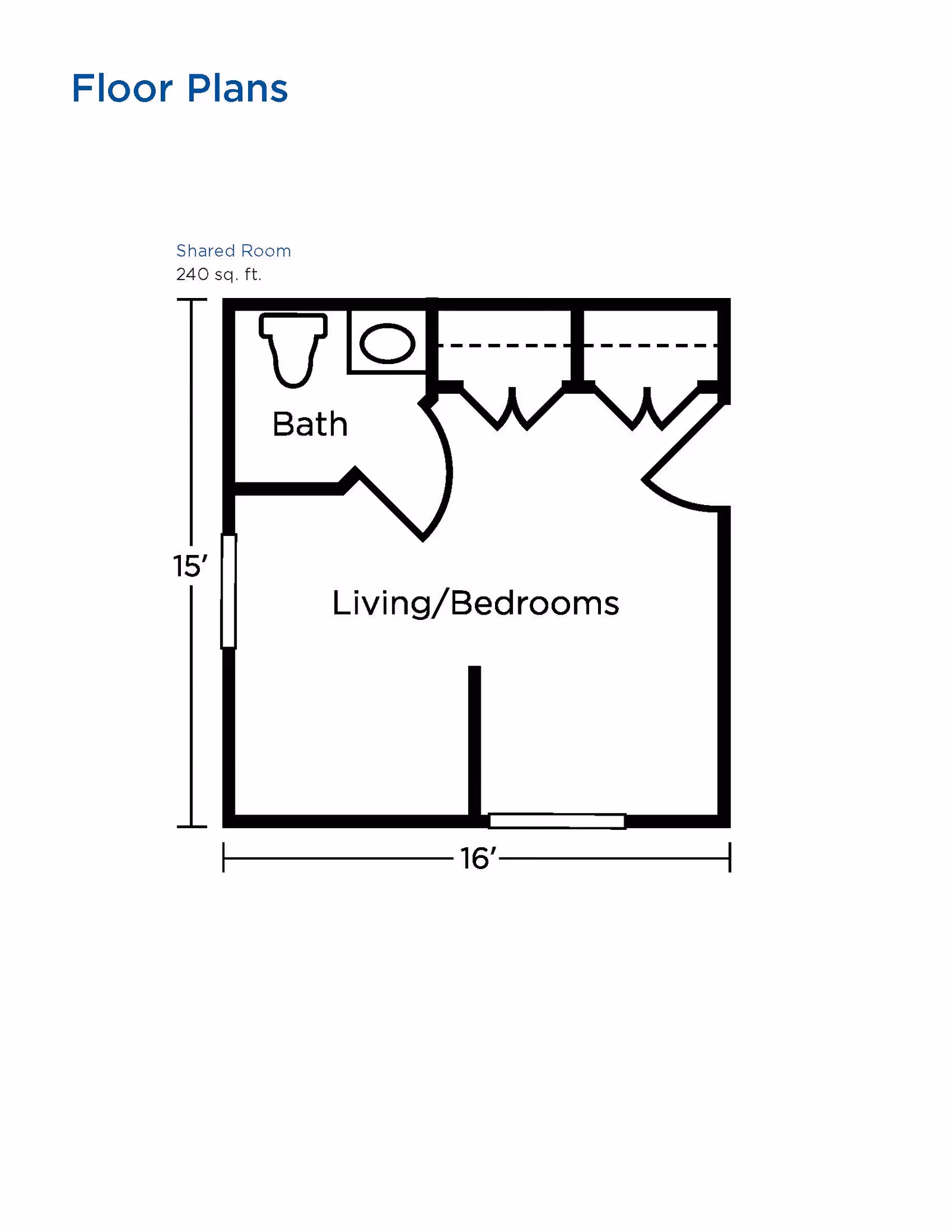 Floor plan of a shared room measuring 240 square feet, including a combined living and bedroom area, a bathroom with a toilet and sink, and two closets near the entrance.
