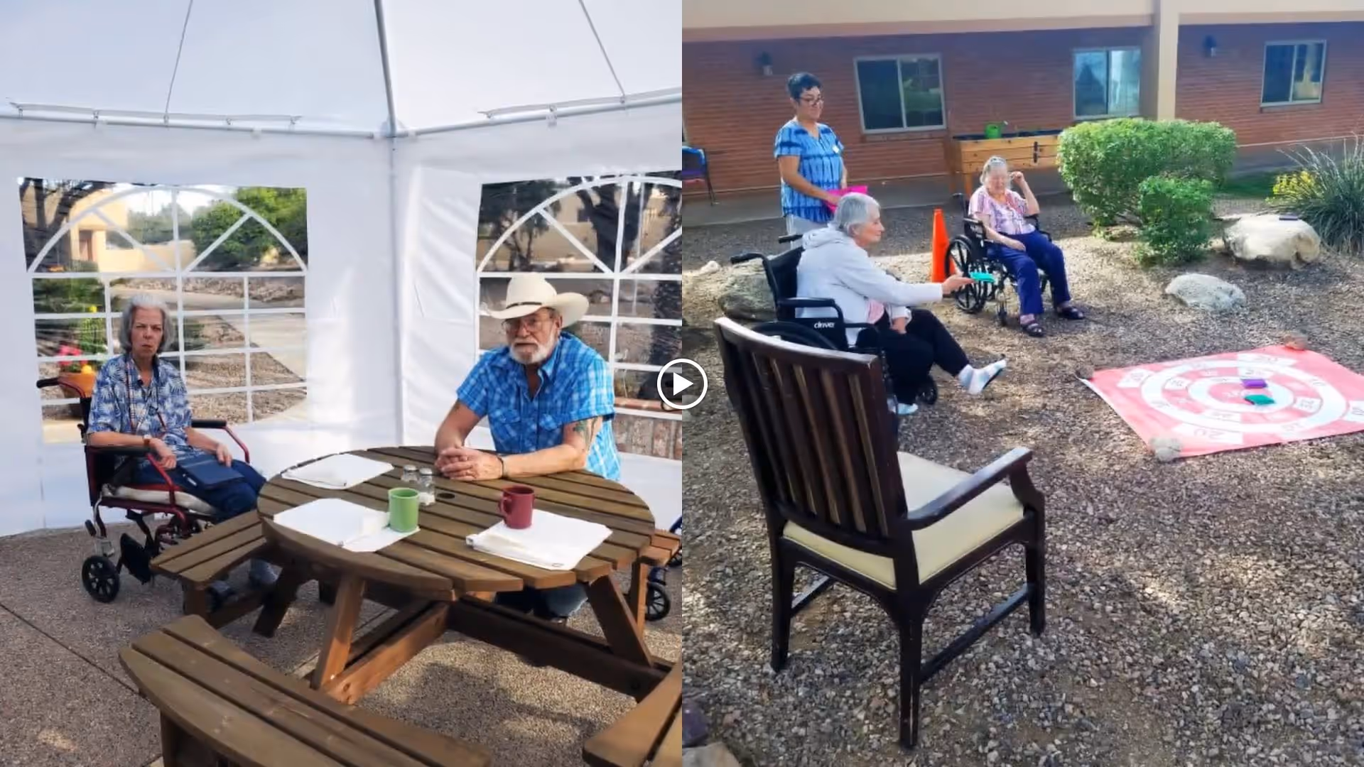 Elderly residents sitting outdoors—two at a picnic table under a canopy on the left and others playing a lawn game in a courtyard on the right.