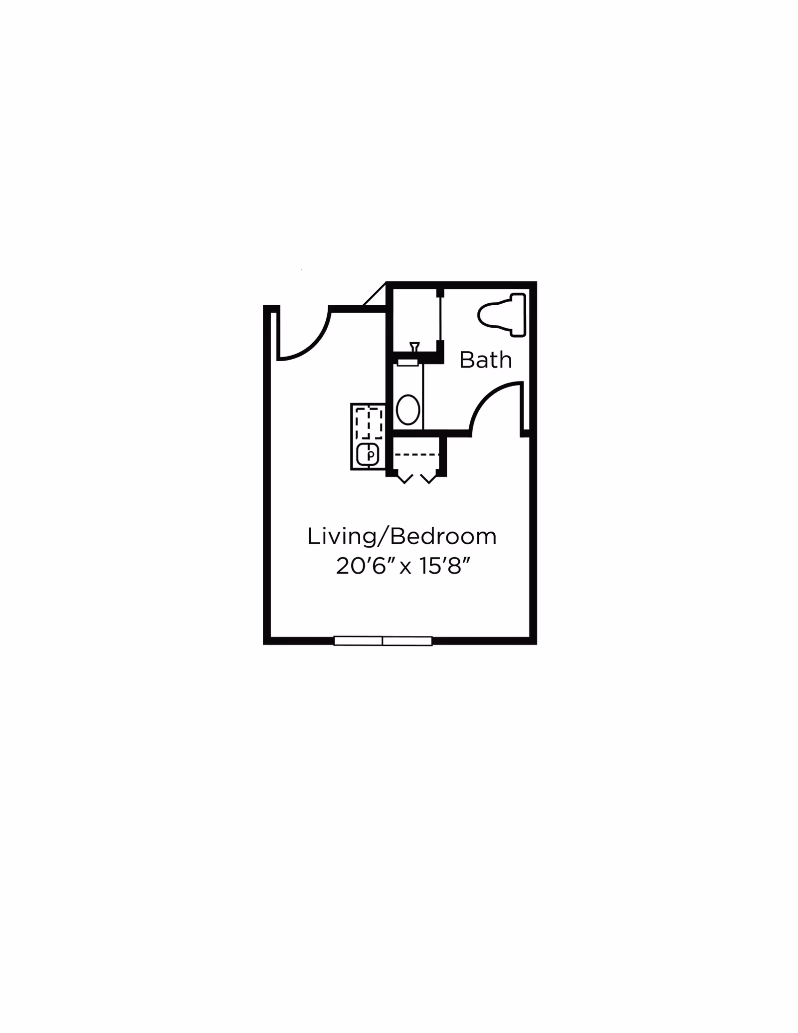Floor plan layout showing a combined living and bedroom area measuring 20 feet 6 inches by 15 feet 8 inches, with an adjacent bathroom labeled 'Bath'.