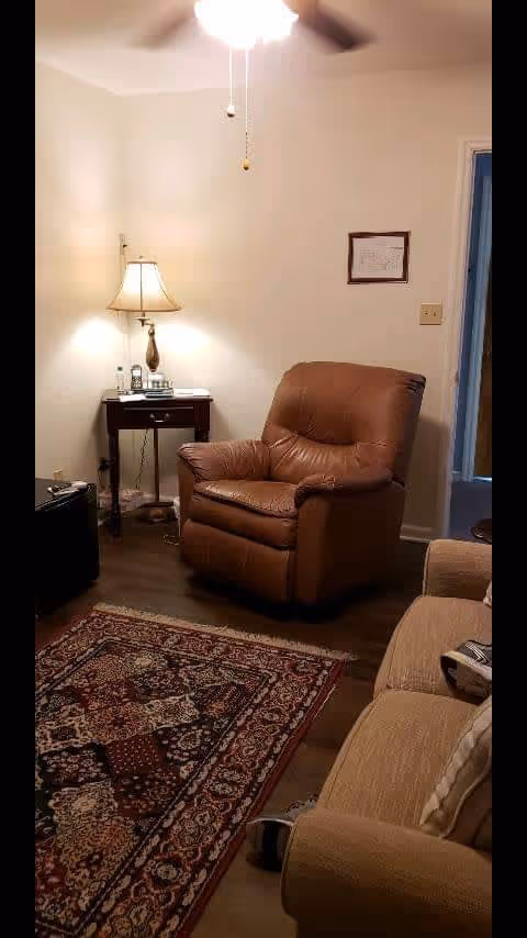 A cozy living room with a brown leather recliner chair, a beige sofa with a pillow, a patterned area rug on a wooden floor, a small wooden side table with a lamp, and a framed picture on the wall.