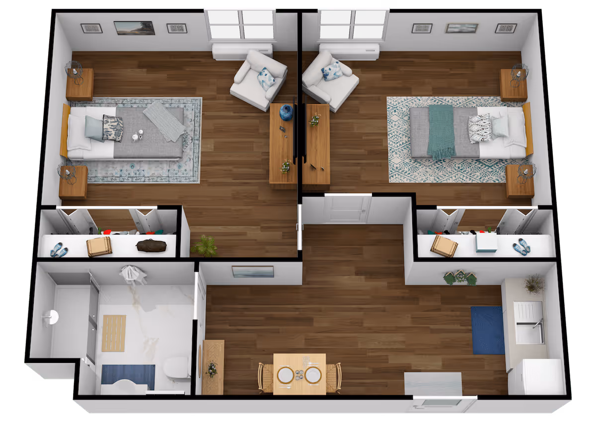 3D floor plan of a two-bedroom apartment featuring two bedrooms each with a bed, nightstands, and a chair. The layout includes a bathroom with a shower, toilet, and sink, a small dining area with a table and two chairs, and a kitchen area with a sink and refrigerator. The apartment has wooden flooring throughout except for the bathroom which has tiled flooring.