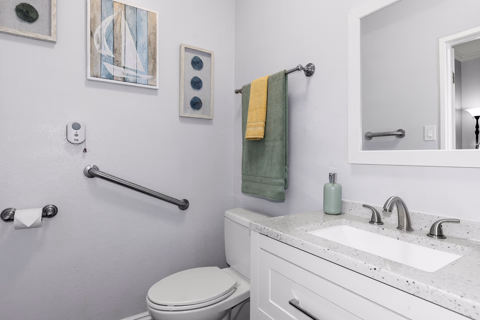 Clean accessible bathroom showing a toilet, vanity with sink and mirror, grab bars, towel rack and coastal wall art.