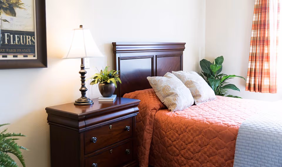 A cozy bedroom with a wooden headboard bed covered in an orange quilt and two decorative pillows. Next to the bed is a wooden nightstand with a table lamp and a small potted plant. There is a framed picture on the wall and a window with plaid curtains letting in natural light. A green leafy plant is placed near the window.