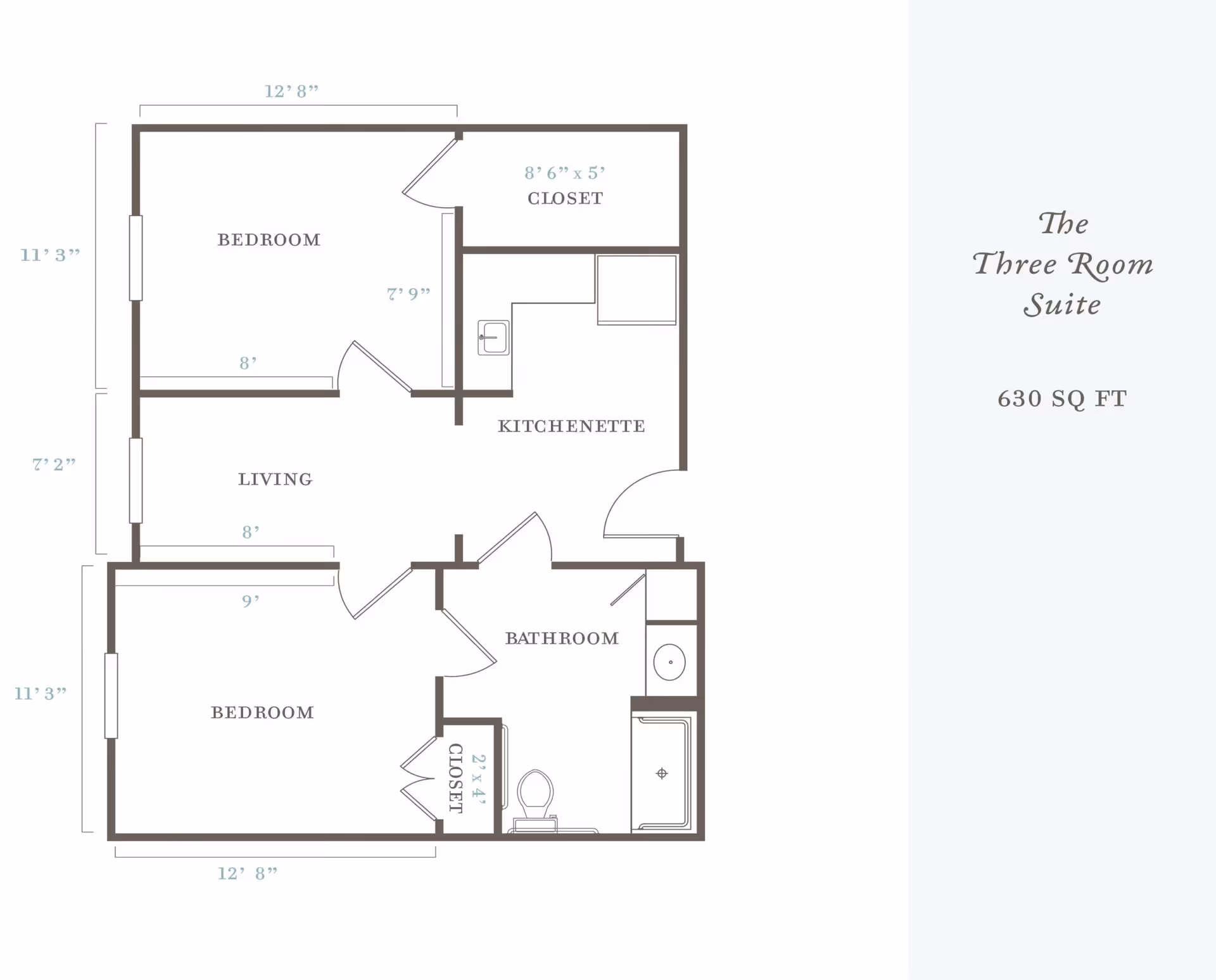 Floor plan of The Three Room Suite at The Legacy at Forest Ridge, showing two bedrooms, a living area, kitchenette, bathroom, and closets with dimensions and total area of 630 square feet.
