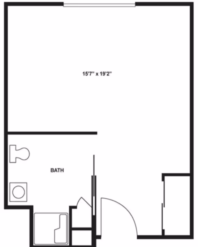 Floor plan of a living space with a main room measuring 15 feet 7 inches by 19 feet 2 inches, a bathroom area containing a toilet, sink, and shower, and an entry door leading into the main room.