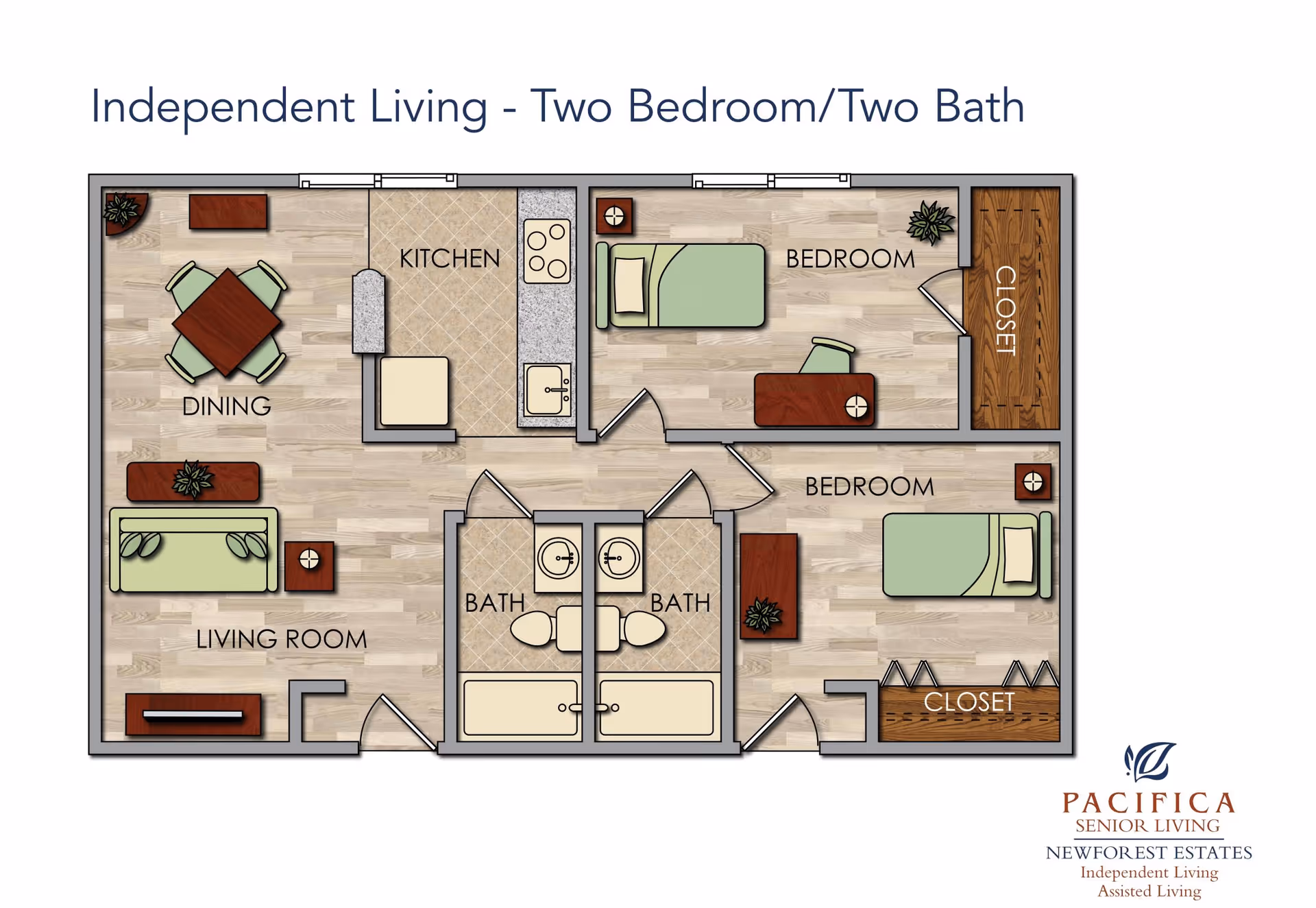 Floor plan of an independent living apartment with two bedrooms and two bathrooms. The layout includes a living room with a sofa and table, a dining area with a table and four chairs, a kitchen with appliances and counter space, two bedrooms each with a bed, desk, and closet, and two bathrooms each with a sink, toilet, and bathtub.