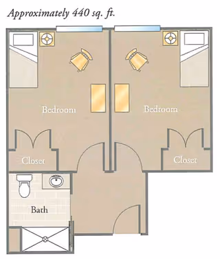 Floor plan of a 440 square foot living space featuring two bedrooms, each with a closet and a chair, and a shared bathroom with a toilet, sink, and shower.