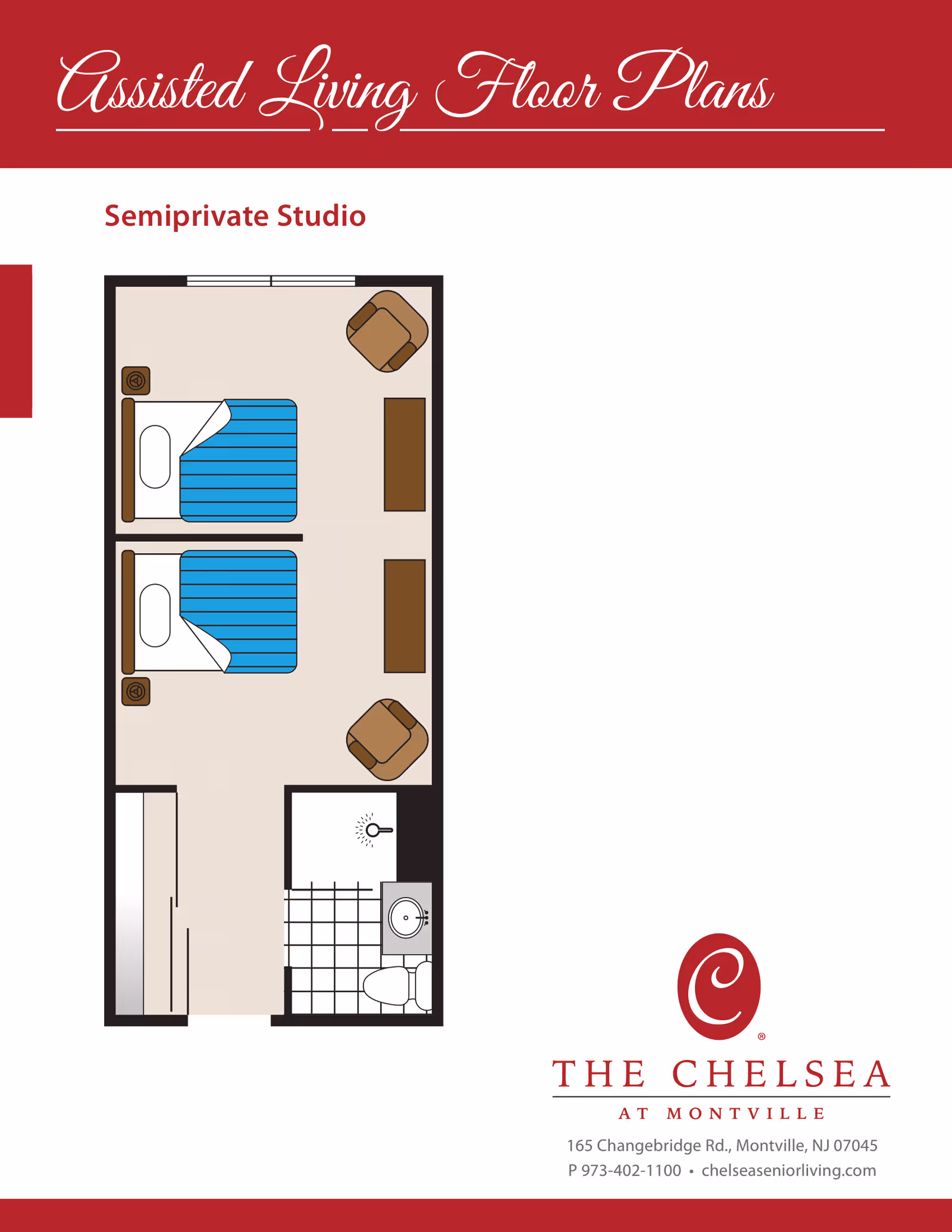 Top-down floor plan of a semiprivate assisted-living studio showing two beds, seating, storage and a bathroom with The Chelsea at Montville branding.