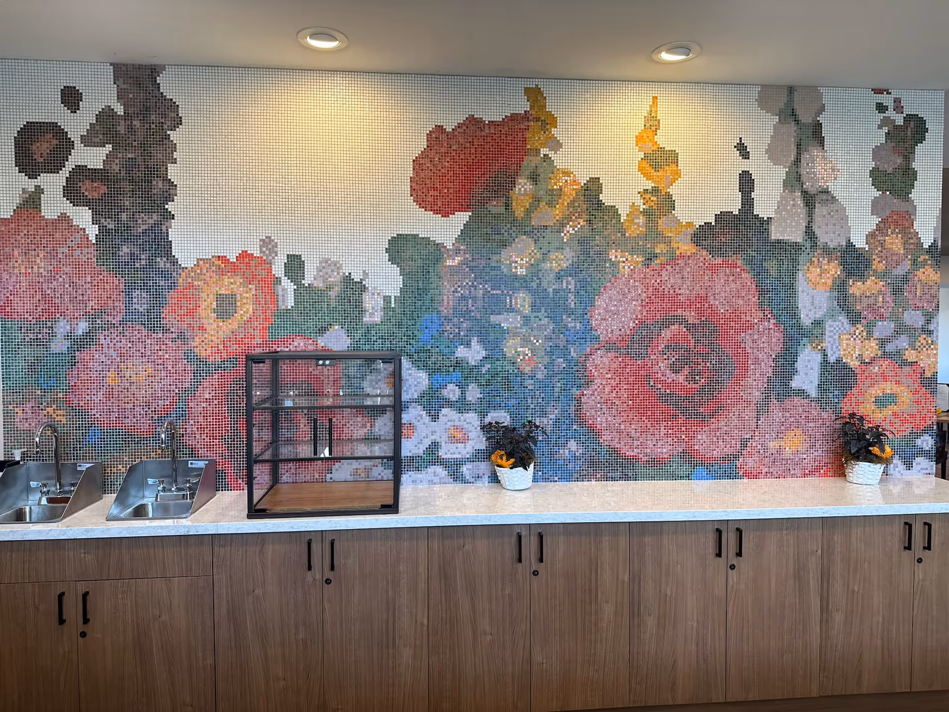 A countertop with two sinks and a small display case on it, set against a wall decorated with a colorful mosaic mural of large flowers in shades of red, pink, yellow, and green. There are also two small potted plants on the counter.