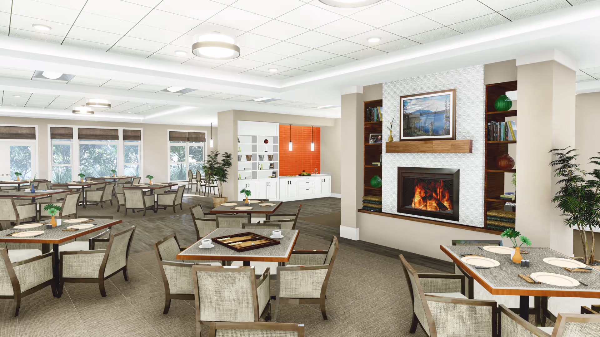 Spacious dining room with multiple set tables and chairs, a fireplace with built-in shelves, and a buffet/serving area.