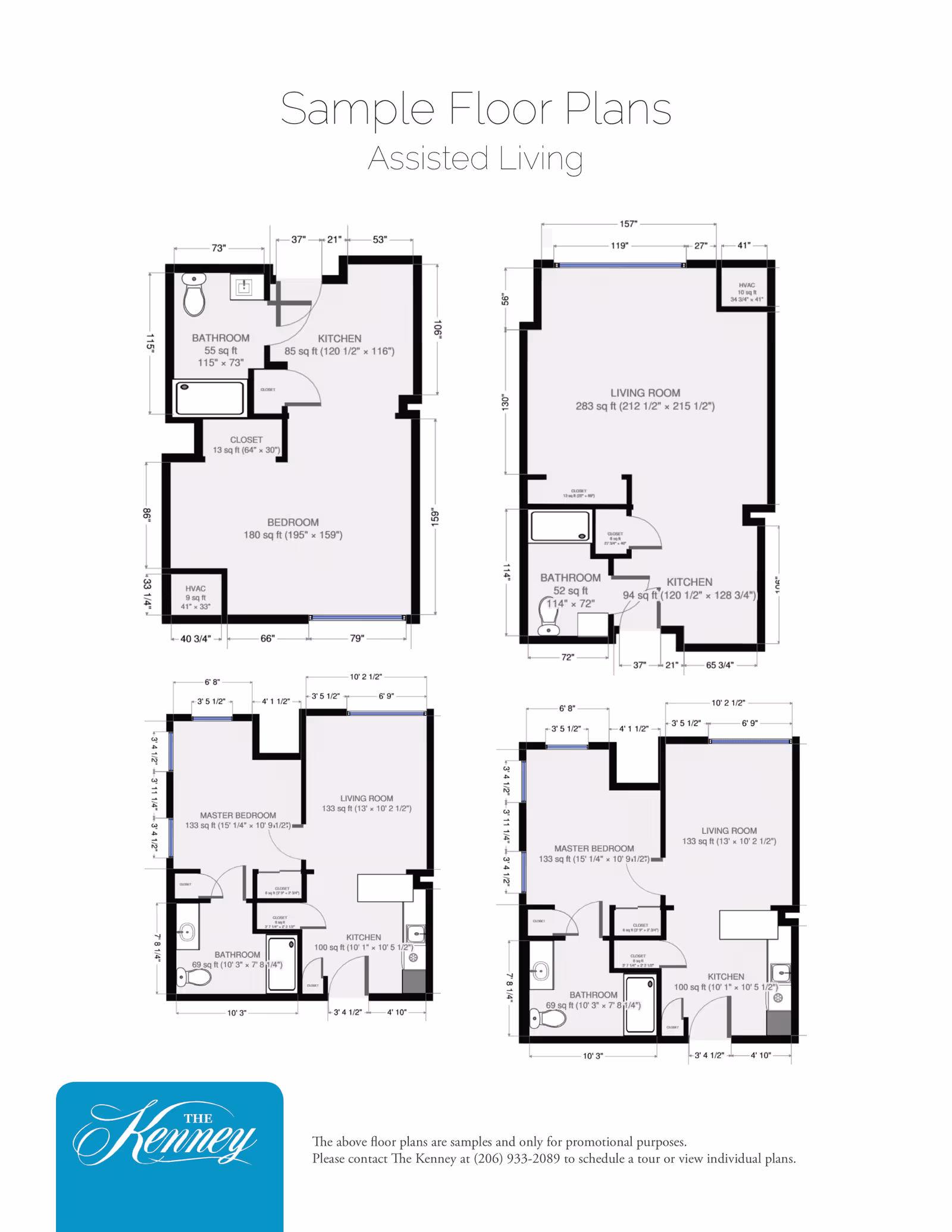 Sheet showing four black-and-white assisted living floor plans with measurements and a blue 'The Kenney' logo.