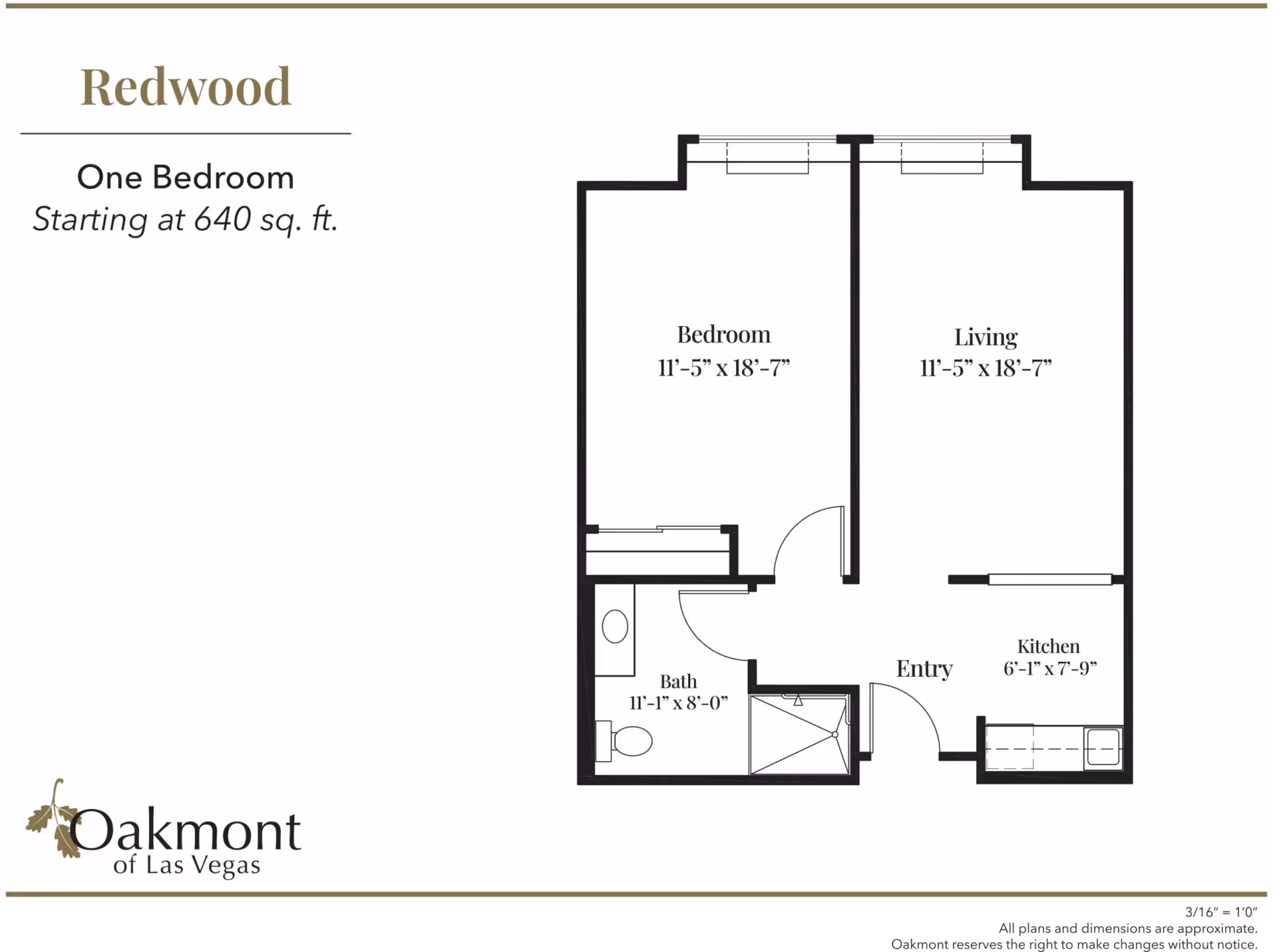 Floor plan labeled "Redwood" for a one-bedroom apartment showing bedroom, living room, kitchen, bath, and entry.