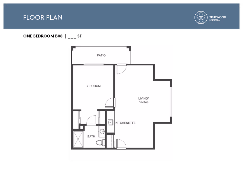 Floor plan of a living space at Truewood by Merrill, Roseville, showing a bedroom, bath, kitchenette, living/dining area, and a patio.